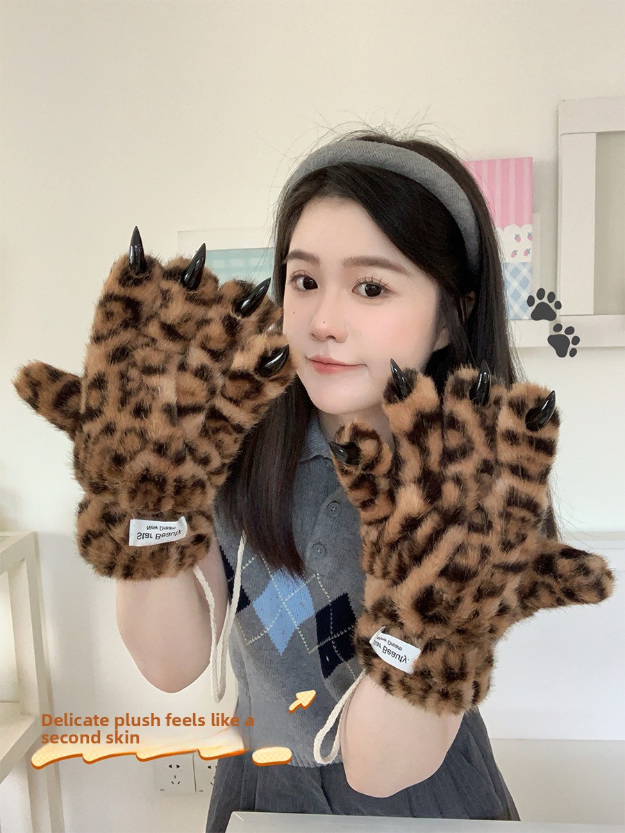 Unisex Leopard Print Plush Winter Gloves, Windproof Full Finger