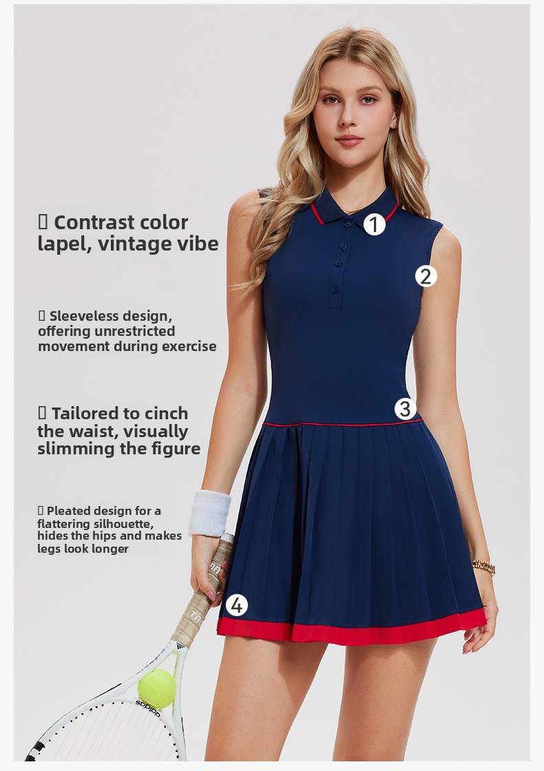 Women's Sleeveless Pleated Tennis Dress Set, Top and Skirt