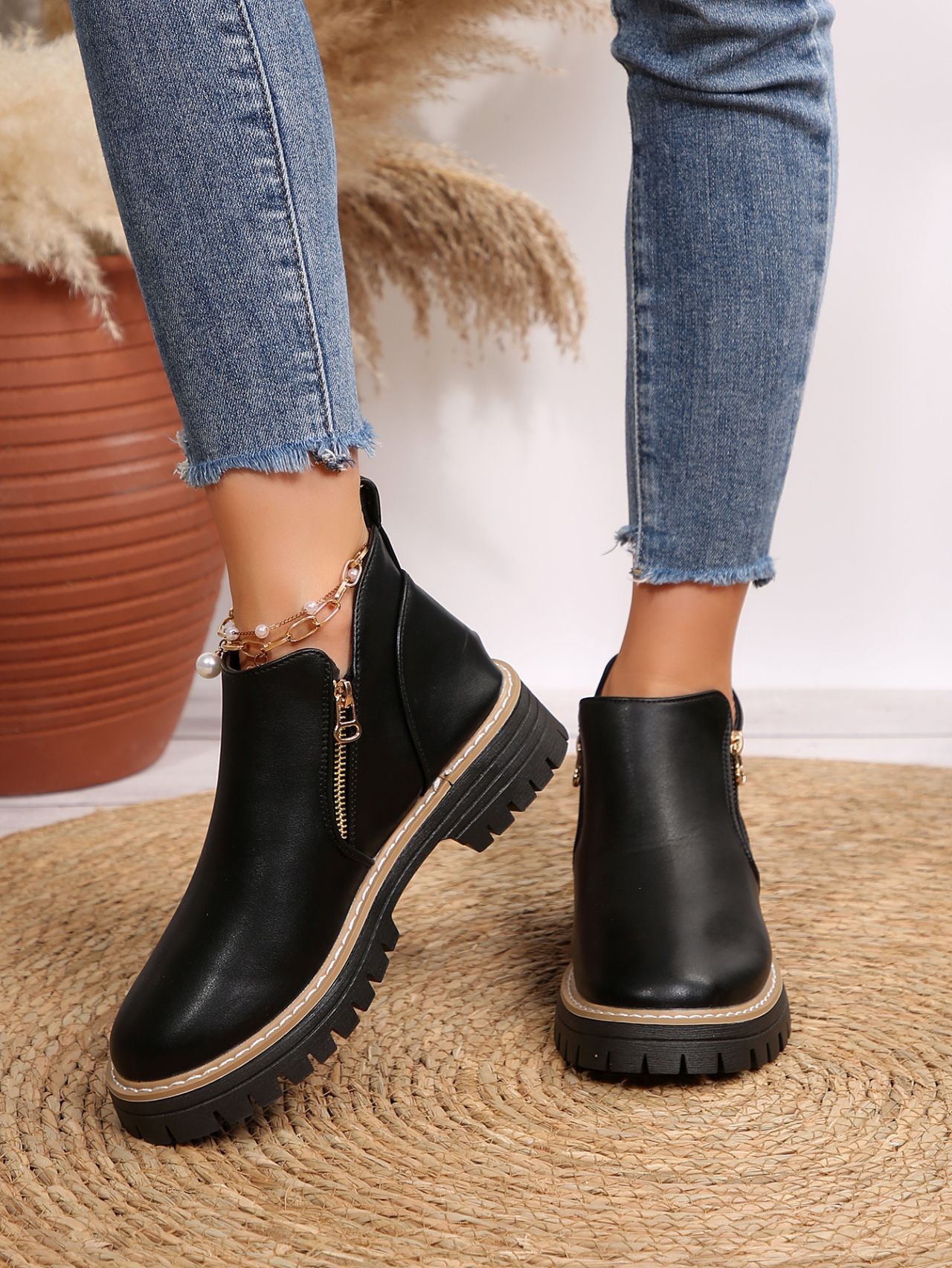Women's Round Toe Square Heel Short Boots, Snake and Two-Tone Styles