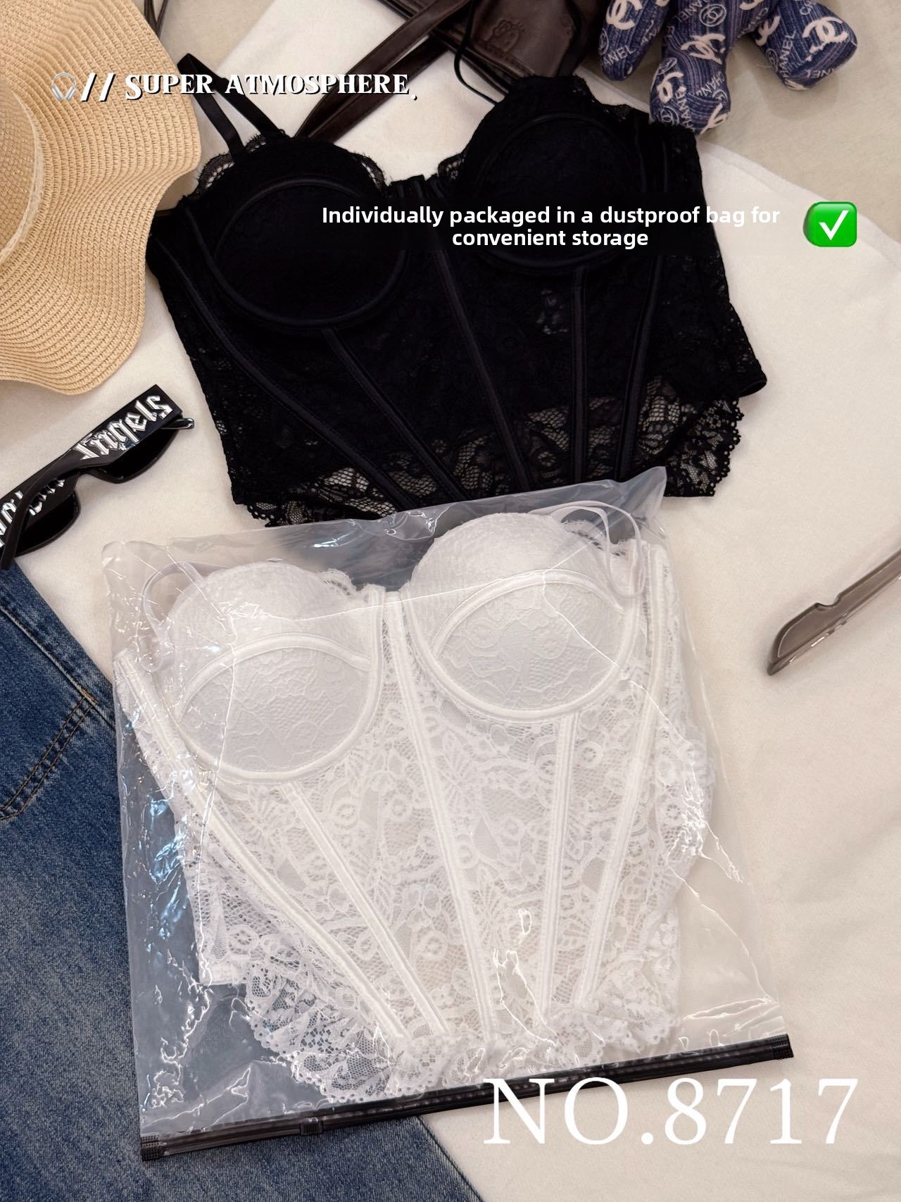 Women's Fishbone Strap Lace Top with Built-In Chest Pads