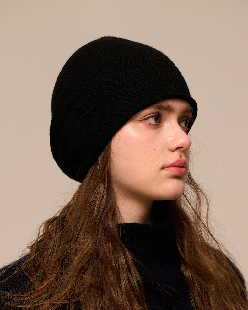 Women's Cashmere Knit Beanie with Curled Brim, Warm Dome Winter Hat