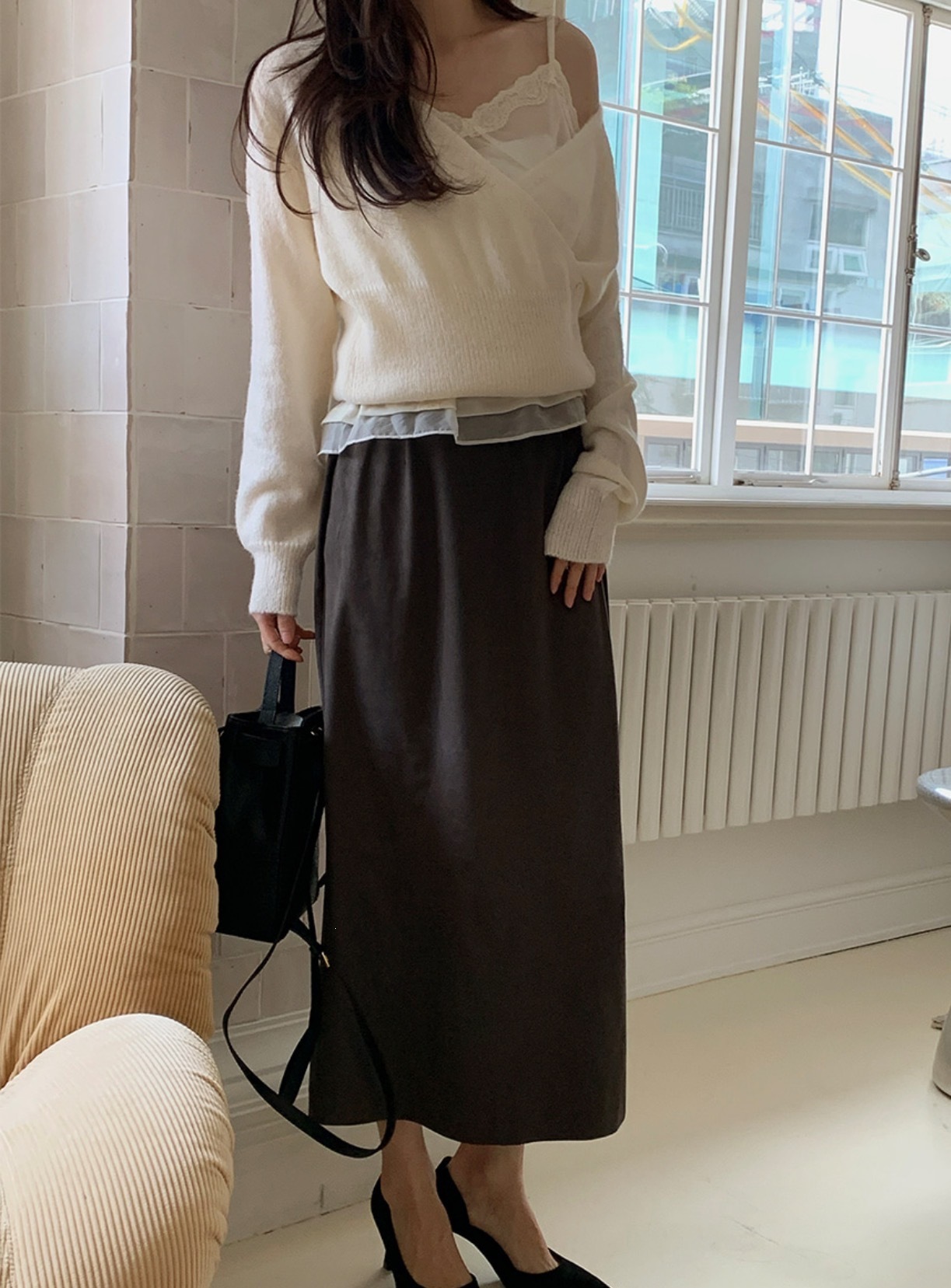 Korean Style V-Neck Diagonal Button Knit Sweater