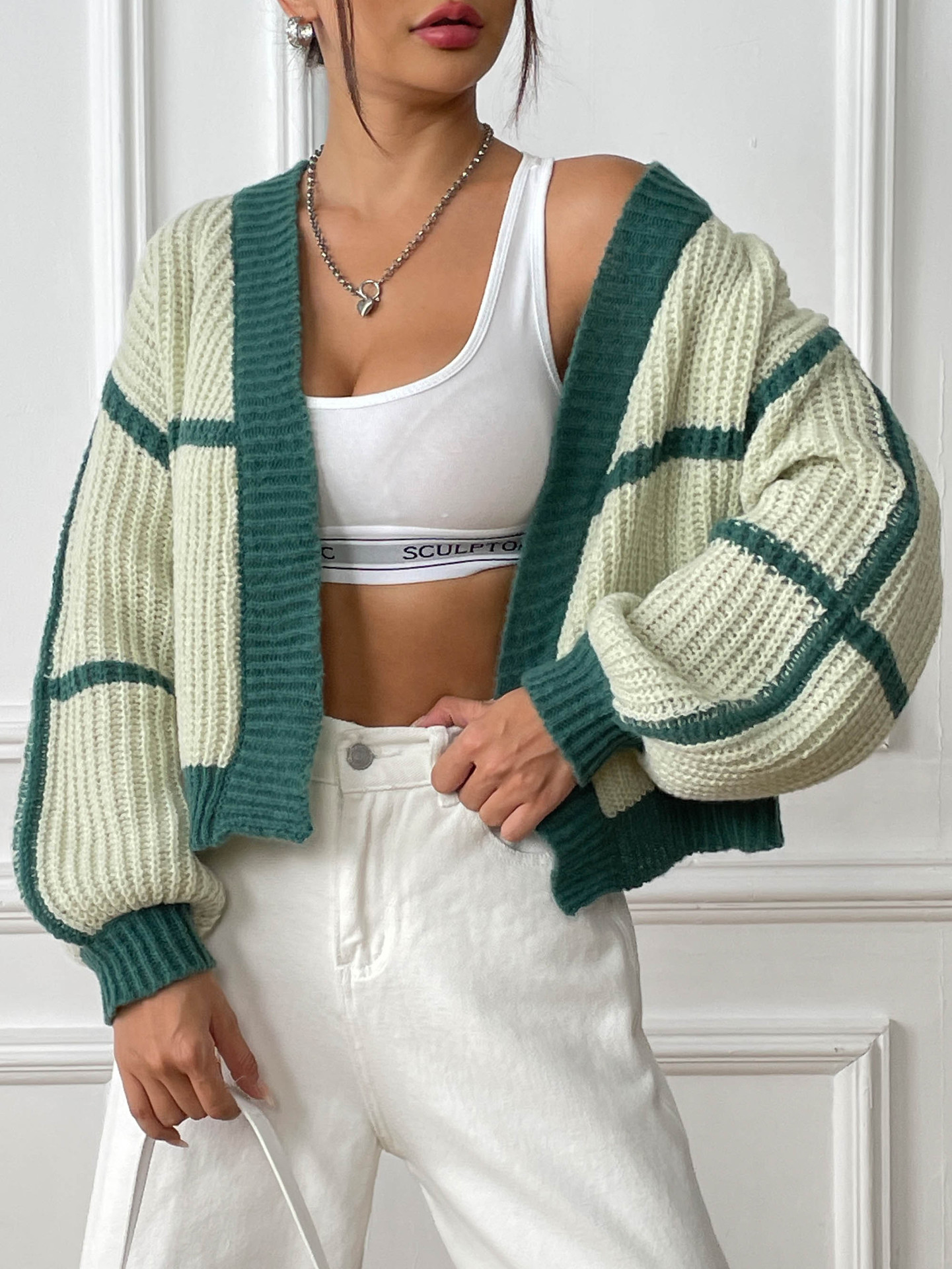 Women's Loose Color-Block Knit Cardigan with Lantern Sleeves