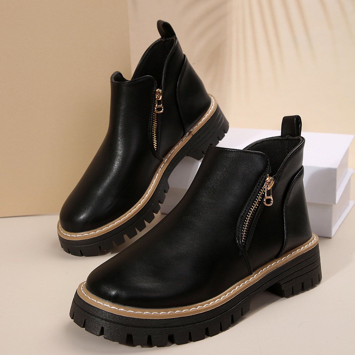 Women's Round Toe Side Zipper Square Heel Synthetic Leather Short Boots