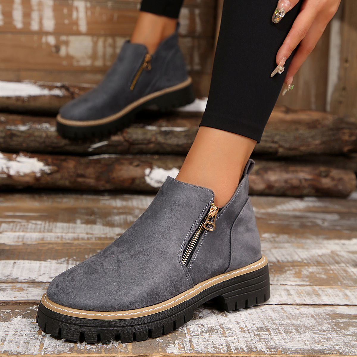 Women's Round Toe Square Heel Short Boots, Snake and Two-Tone Styles