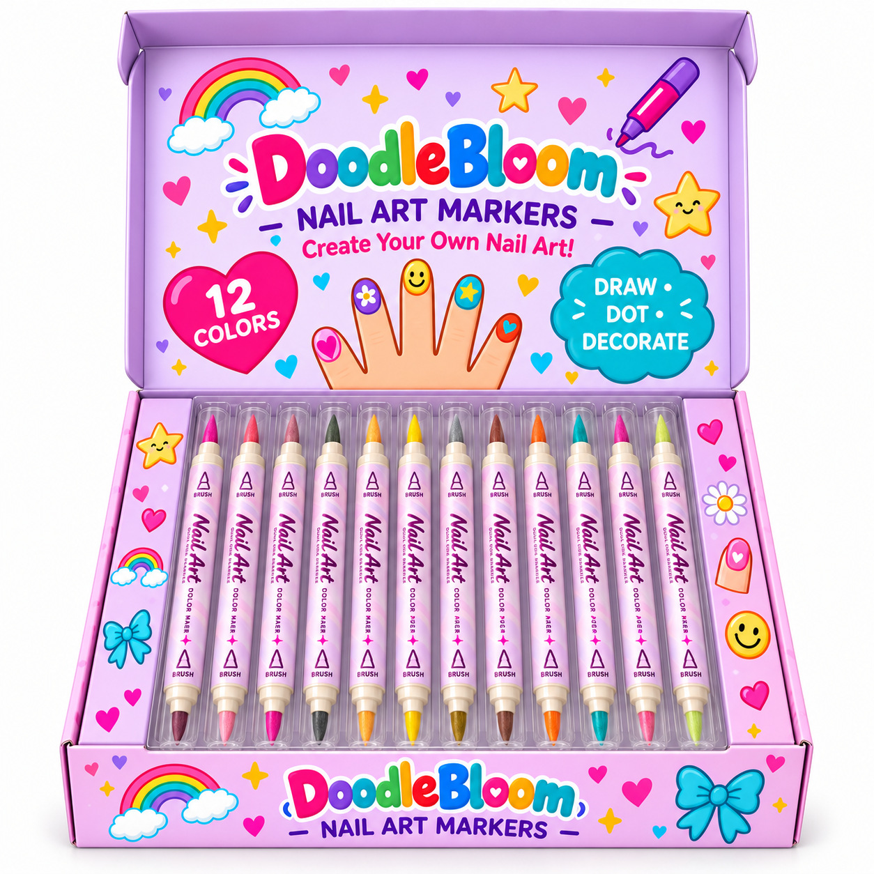 12-Color Metallic Dual-Tip Pearl Effect Nail Art Pen Set with Gift Box