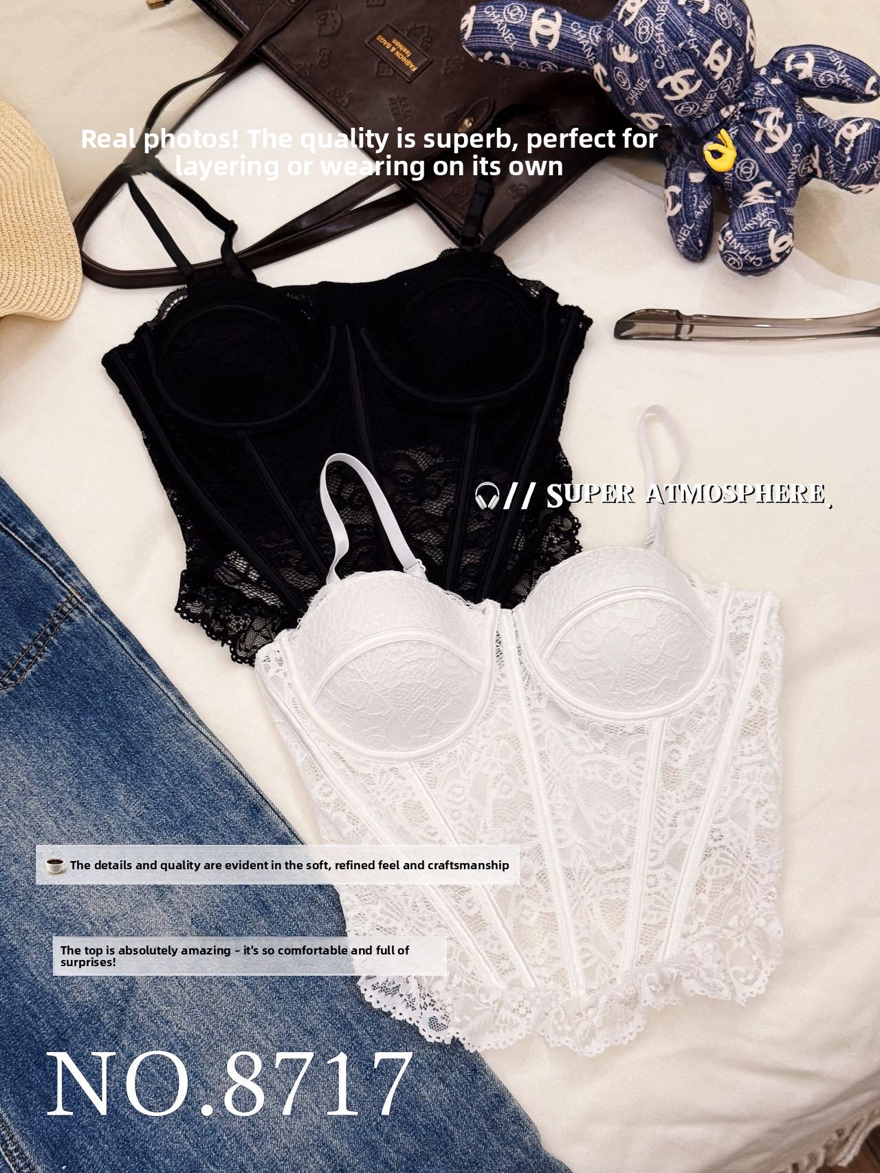 Women's Fishbone Strap Lace Top with Built-In Chest Pads