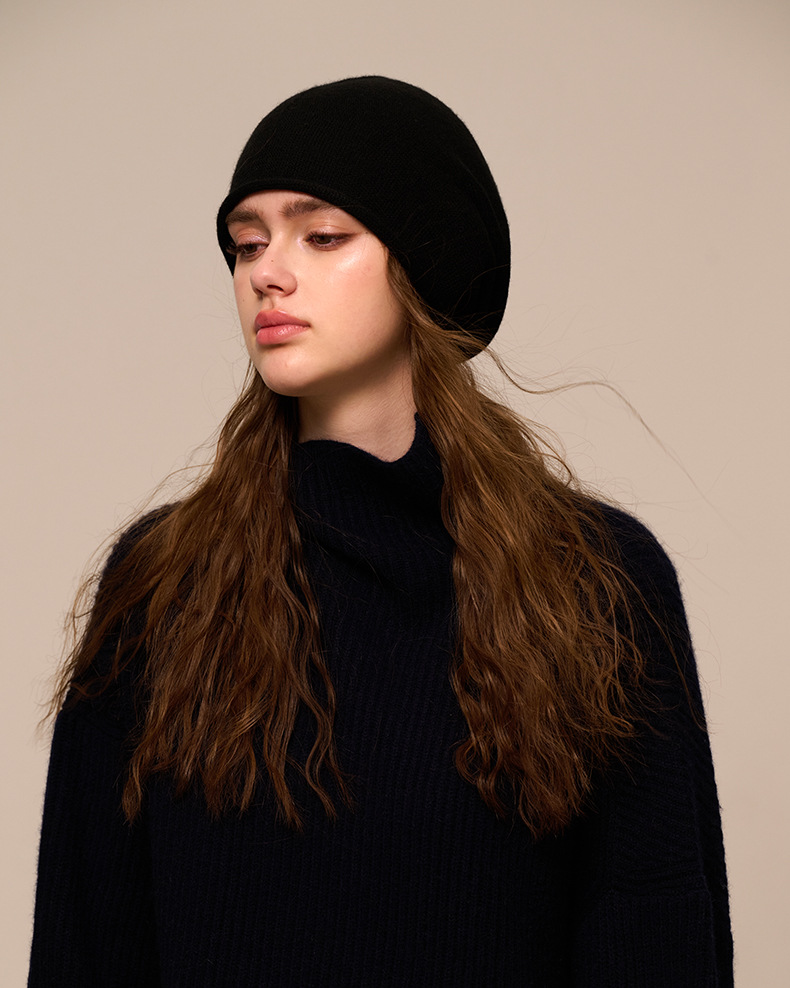Women's Cashmere Knit Beanie with Curled Brim, Warm Dome Winter Hat