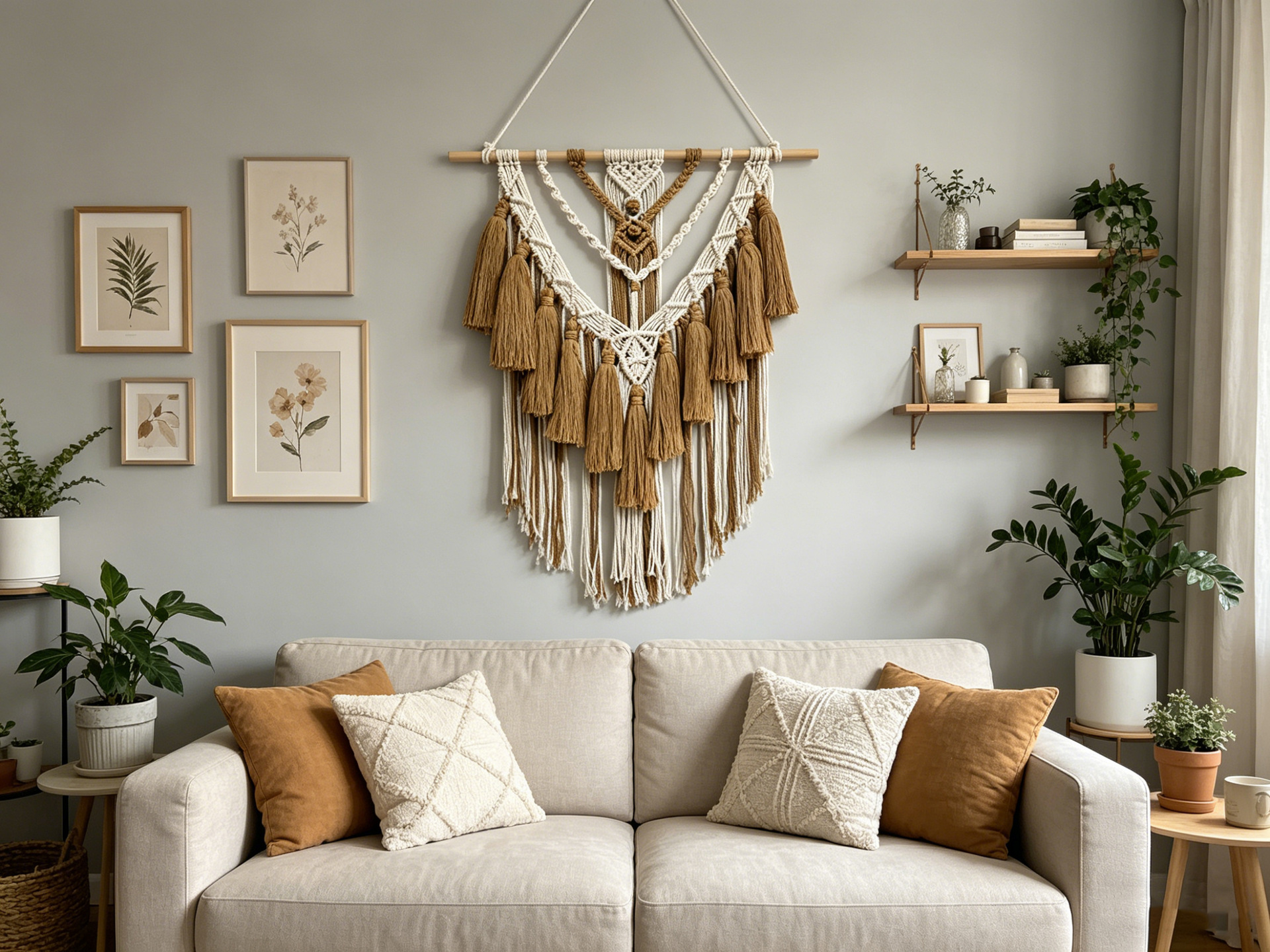 Bohemian-style hand-woven cotton rope fringed tapestry