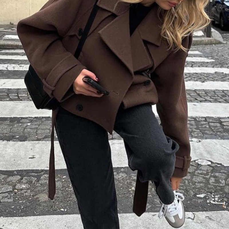Women's Cropped Suit Collar Coat with Lace-Up Detail