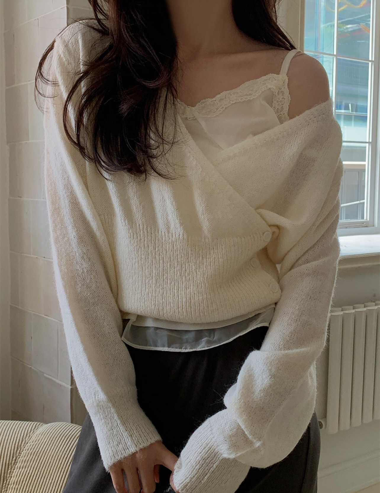 Korean Style V-Neck Diagonal Button Knit Sweater