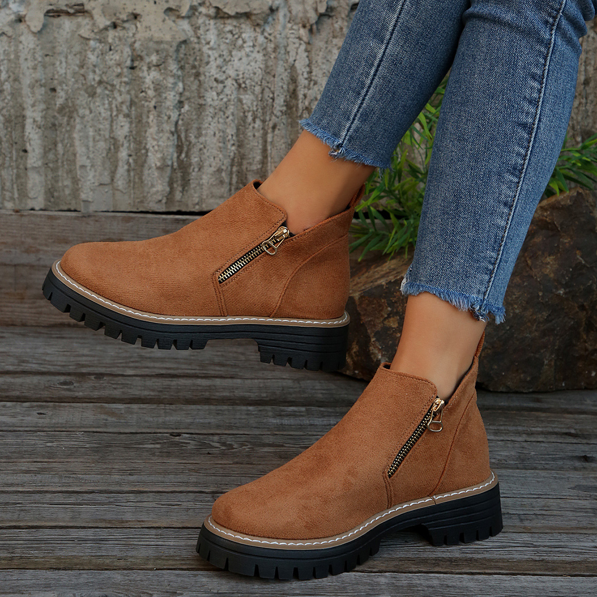 Women's Round Toe Side Zipper Square Heel Synthetic Leather Short Boots