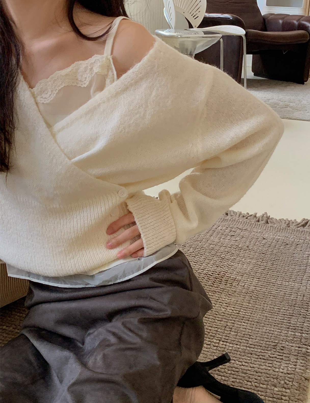 Korean Style V-Neck Diagonal Button Knit Sweater