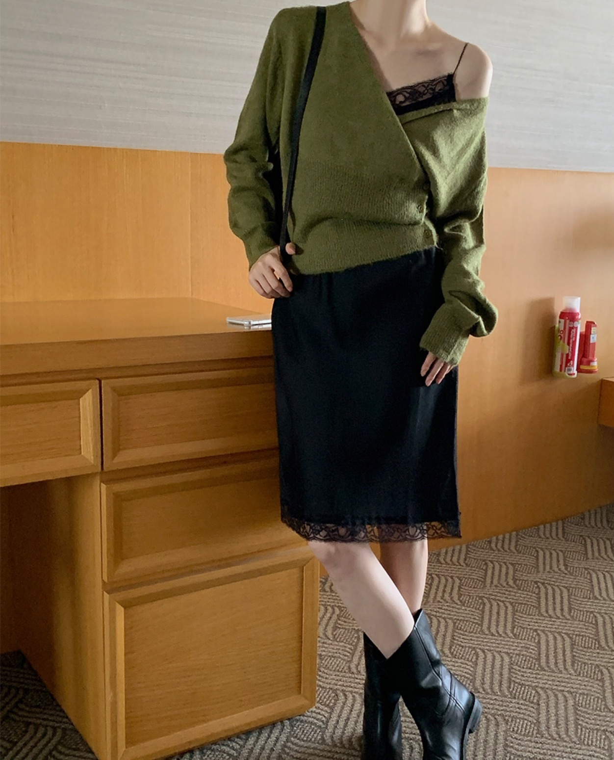 Korean Style V-Neck Diagonal Button Knit Sweater