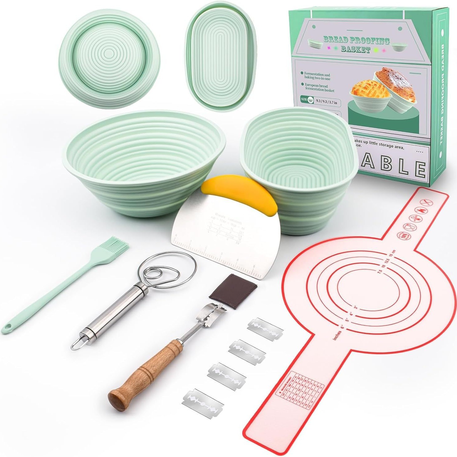 Silicone Bread Fermentation Basket Set, Household Baking Tools Including Scraper, Brush, Dough Beater, Fermentation Jar, Mold