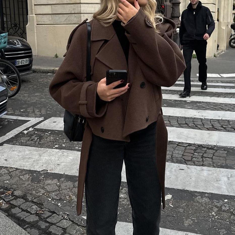 Women's Cropped Suit Collar Coat with Lace-Up Detail