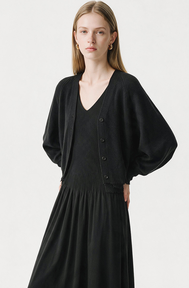 Women's V-Neck Flutter Sleeve Ribbed Knit A-Line Dress