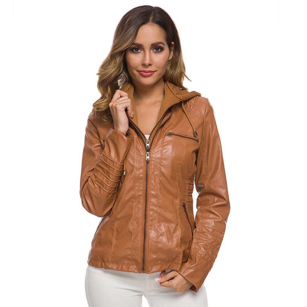 Women's Hooded Faux Leather Biker Jacket, Vintage Washed, Slim Fit