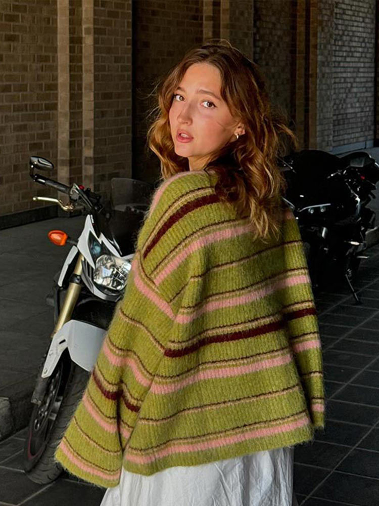 Women's Striped Color-Block Knit Cardigan