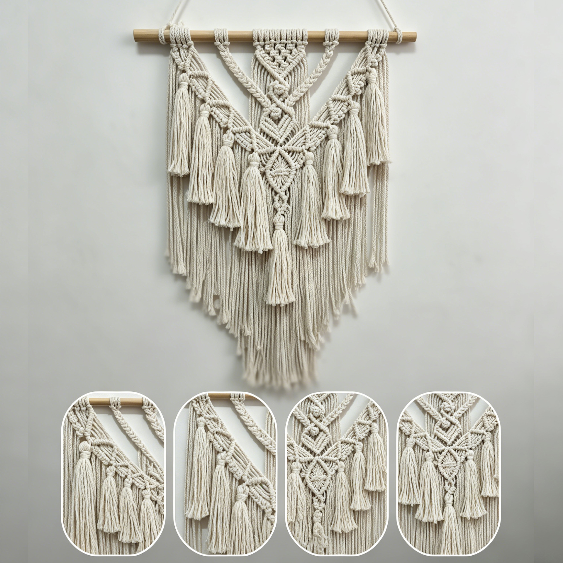 Bohemian-style hand-woven cotton rope fringed tapestry
