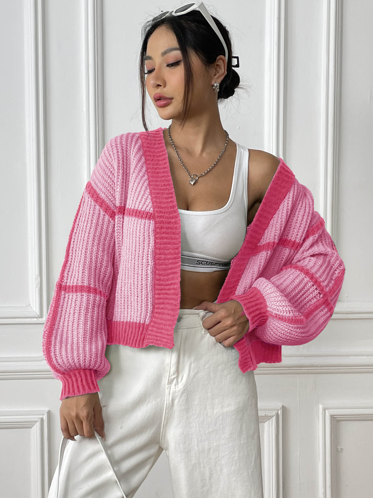 Women's Loose Color-Block Knit Cardigan with Lantern Sleeves
