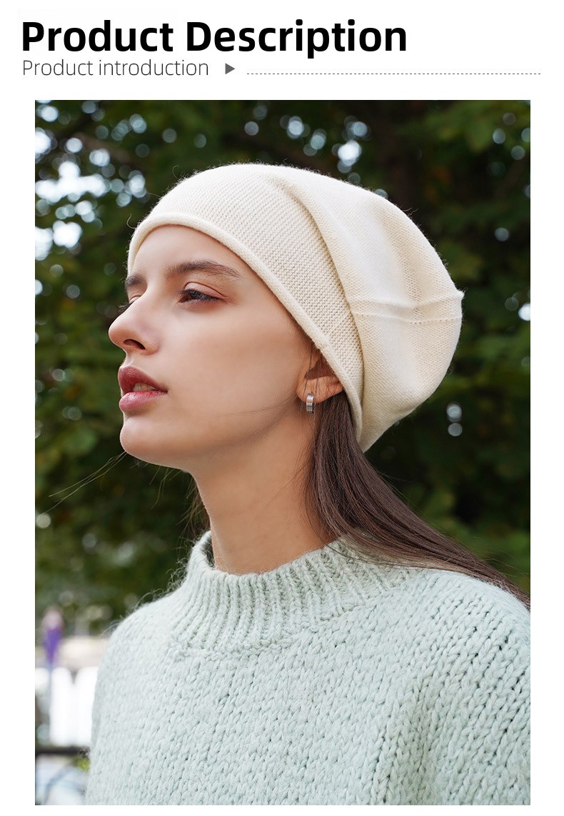 Women's Cashmere Knit Beanie with Curled Brim, Warm Dome Winter Hat