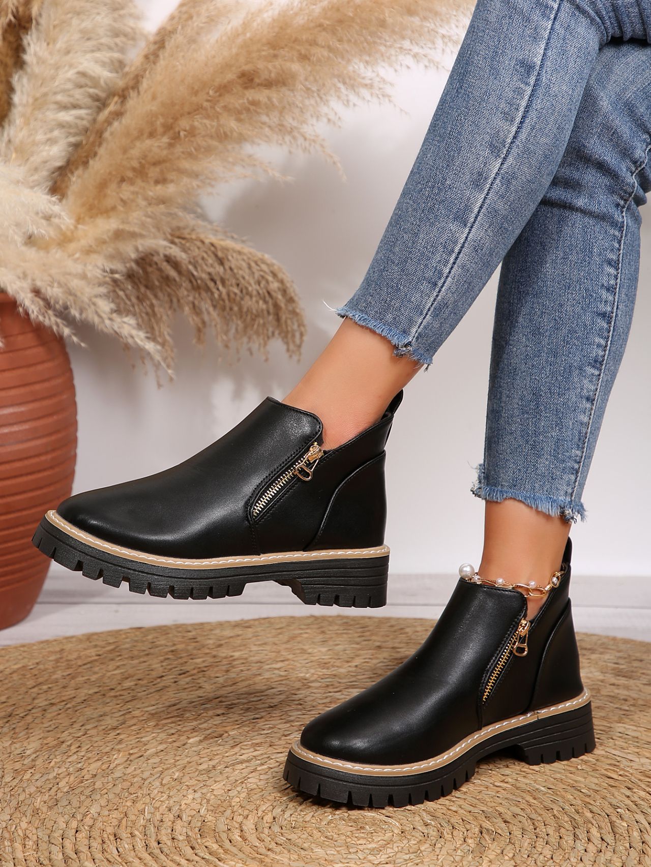 Women's Round Toe Square Heel Short Boots, Snake and Two-Tone Styles