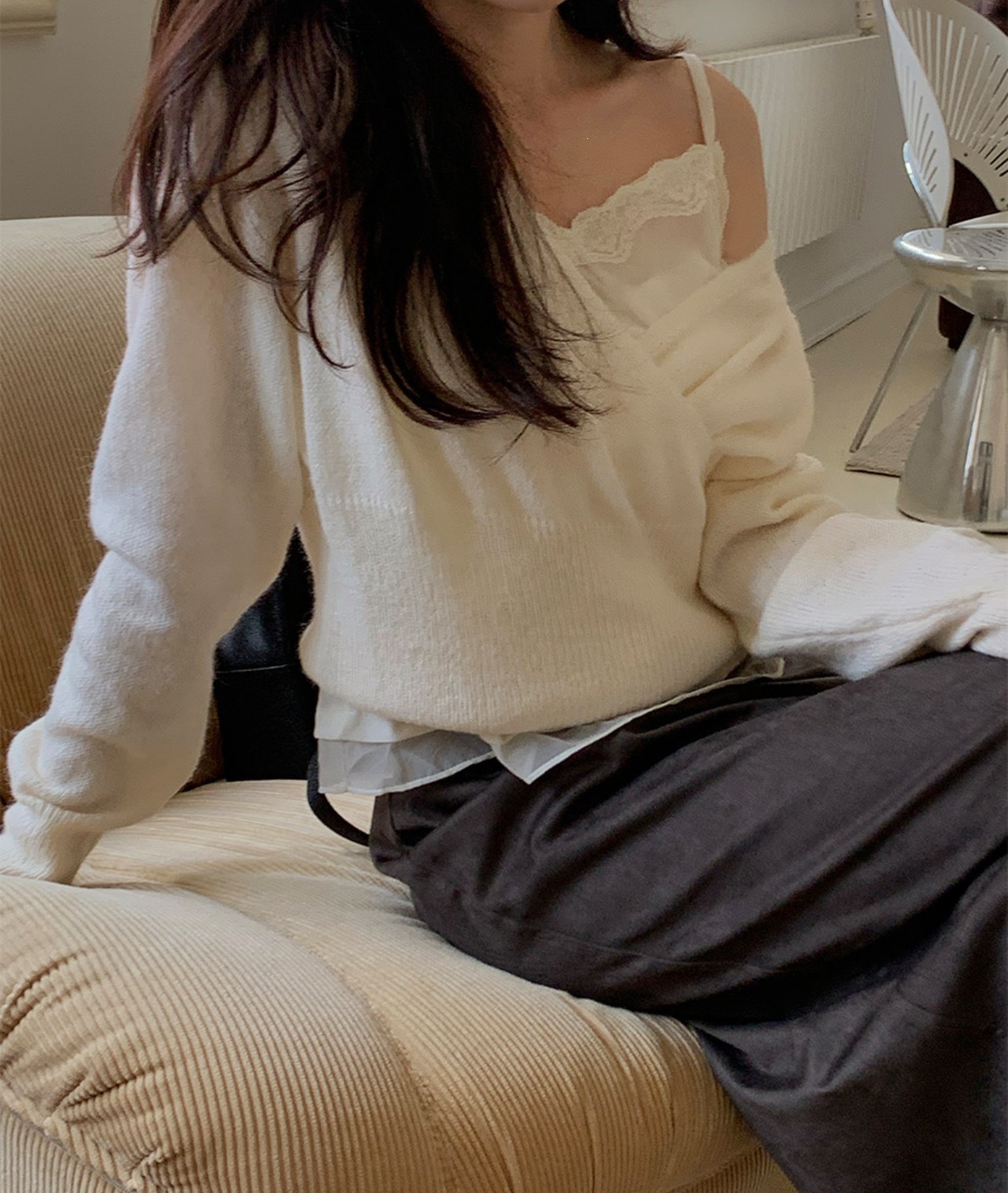 Korean Style V-Neck Diagonal Button Knit Sweater
