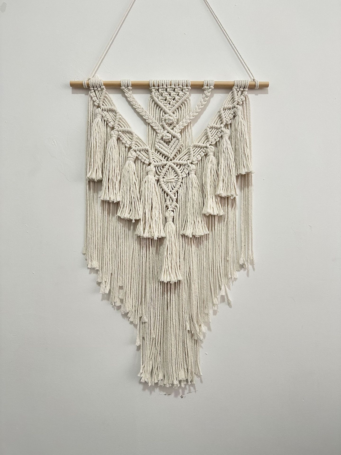 Bohemian-style hand-woven cotton rope fringed tapestry