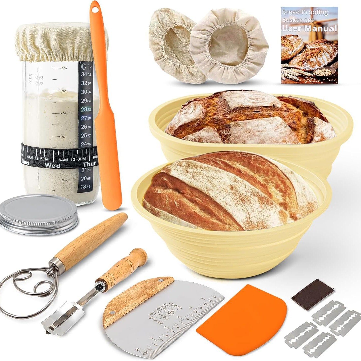 Silicone Bread Fermentation Basket Set, Household Baking Tools Including Scraper, Brush, Dough Beater, Fermentation Jar, Mold
