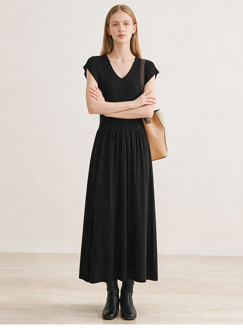 Women's V-Neck Flutter Sleeve Ribbed Knit A-Line Dress