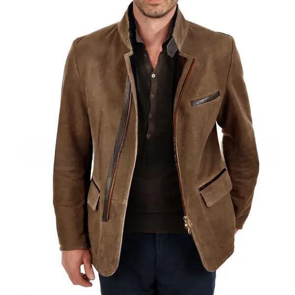 Men's Vintage Stand Collar Zipper Jacket Casual Long Sleeve Outerwear