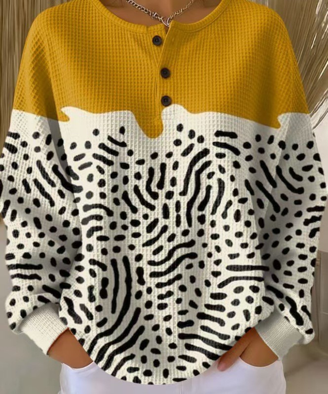 Women's 3D Printed Slim Fit Waffle Knit Stand Collar Long Sleeve Polo Shirt
