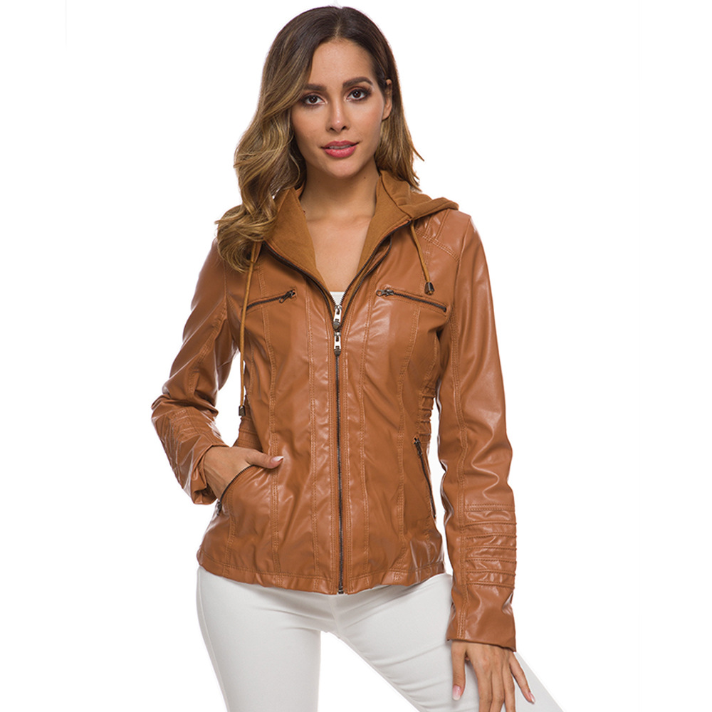 Women's Hooded Faux Leather Biker Jacket, Vintage Washed, Slim Fit