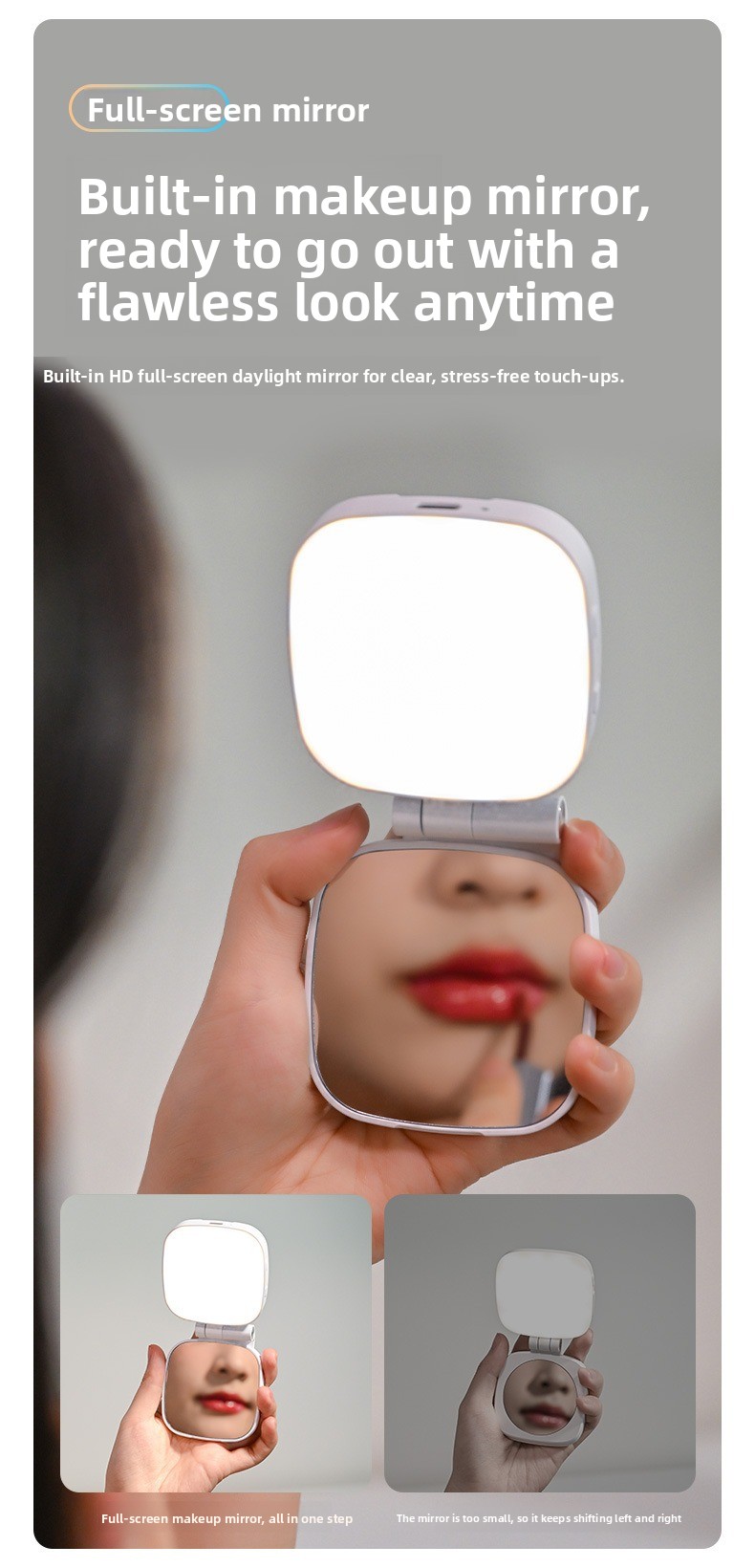 Mini Magnetic Selfie Light with Mirror, 3-Color Rechargeable Phone Fill Light