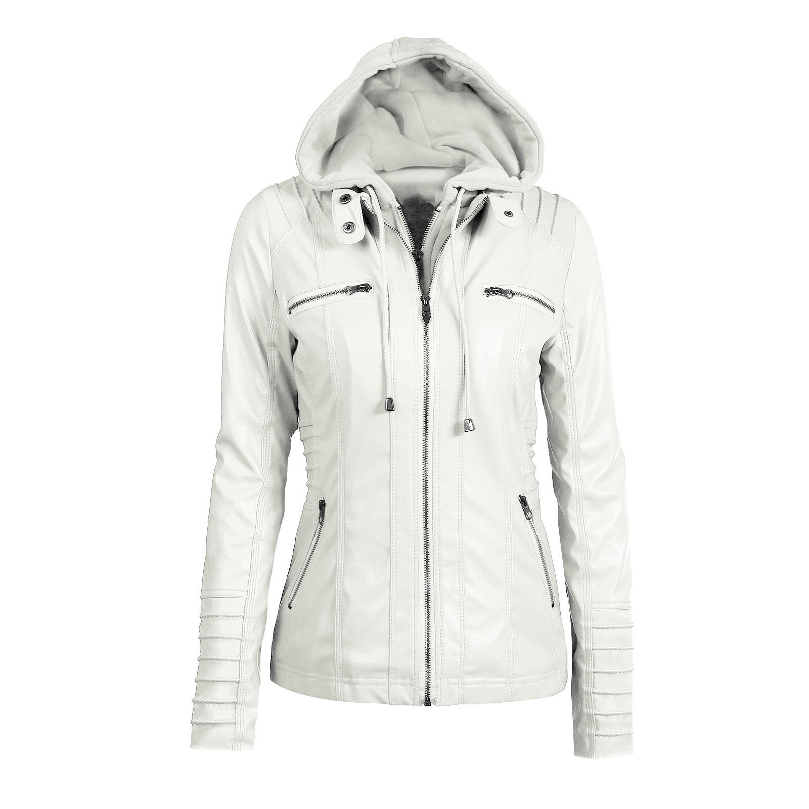 Women's Hooded Faux Leather Biker Jacket, Vintage Washed, Slim Fit