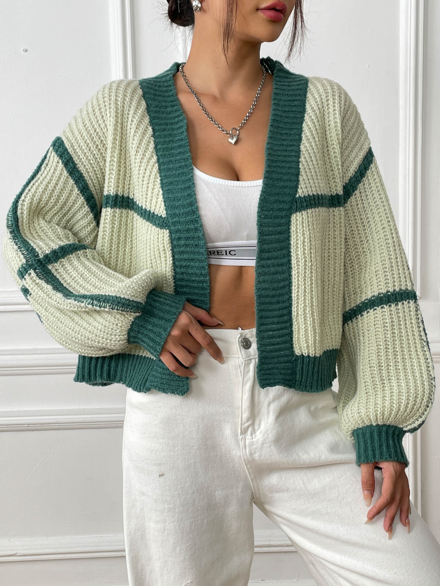 Women's Loose Color-Block Knit Cardigan with Lantern Sleeves