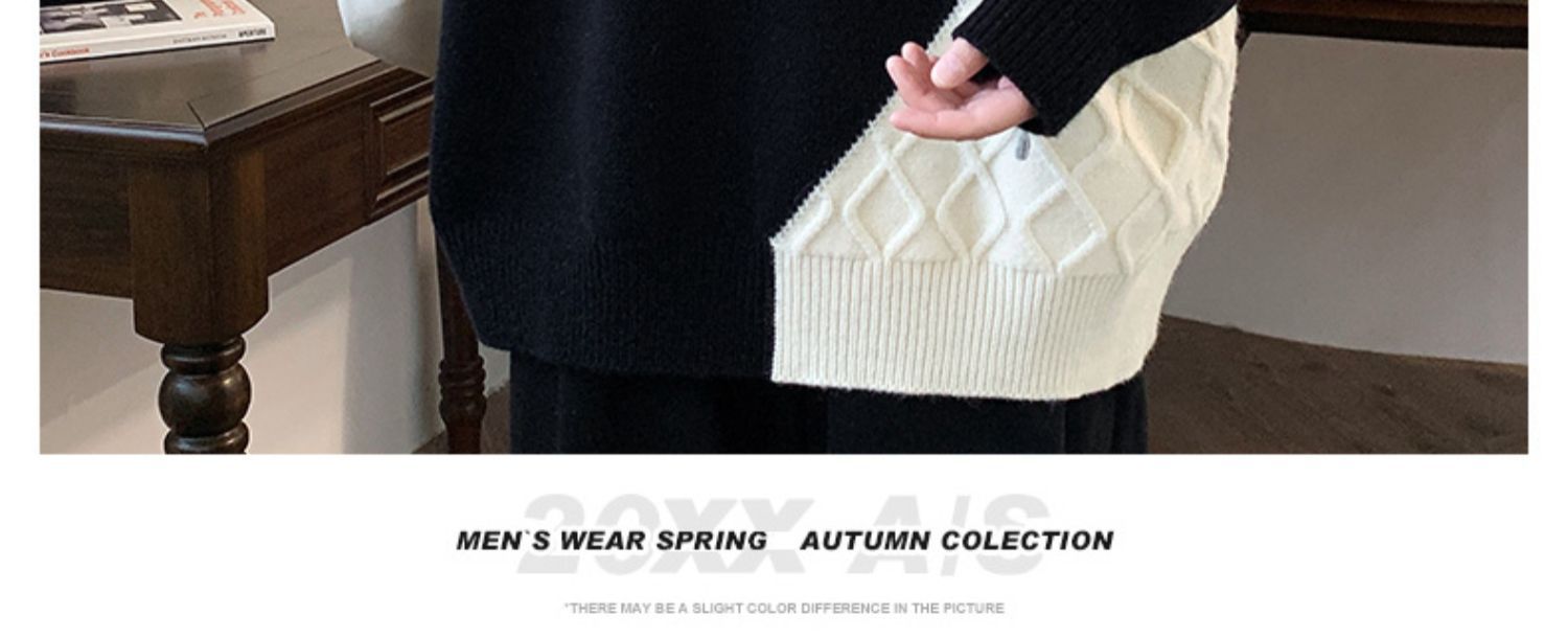 Patchwork Knit Pullover Sweater, Round Neck Long Sleeve