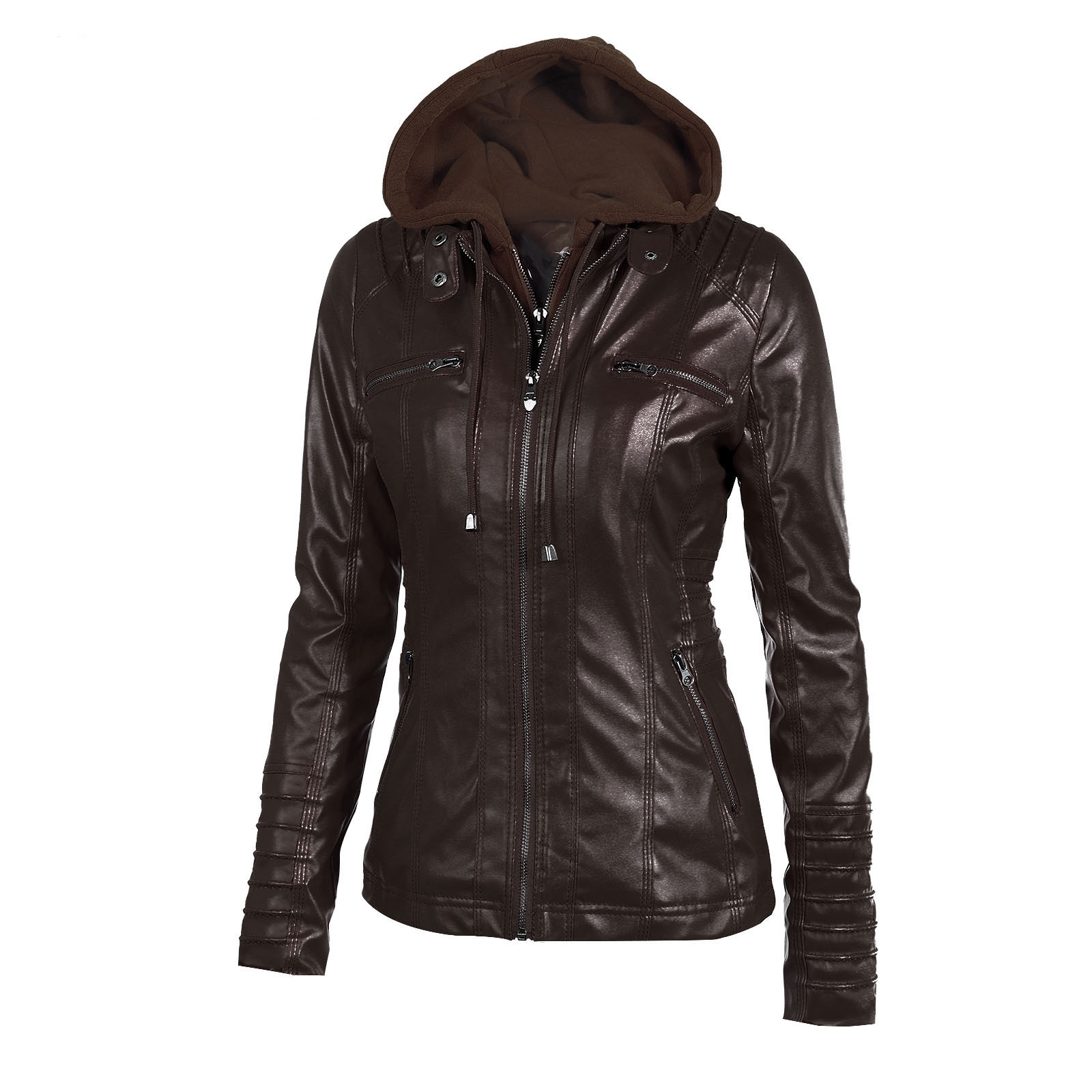 Women's Hooded Faux Leather Biker Jacket, Vintage Washed, Slim Fit