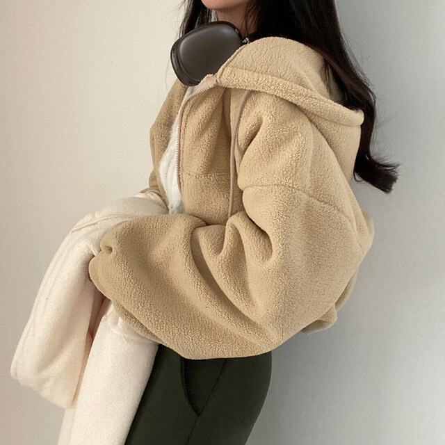 Women's Faux Lamb Fur Hooded Zip-Up Jacket