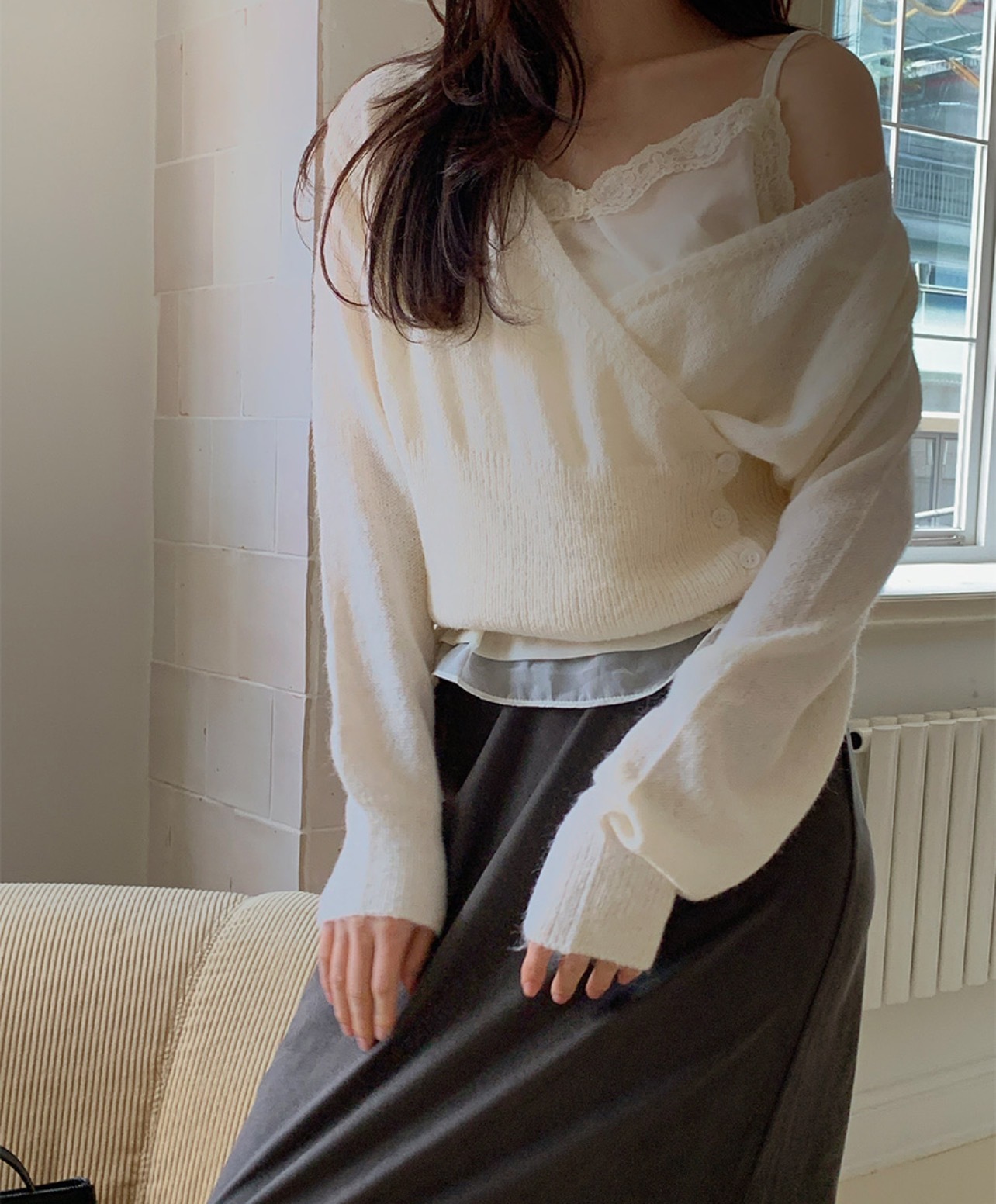 Korean Style V-Neck Diagonal Button Knit Sweater