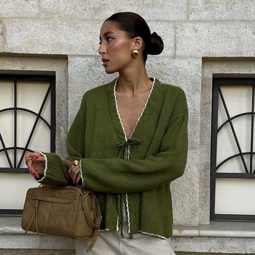 Women's Color-Block Knit Cardigan with Bow Tie, Loose V-Neck Sweater Coat