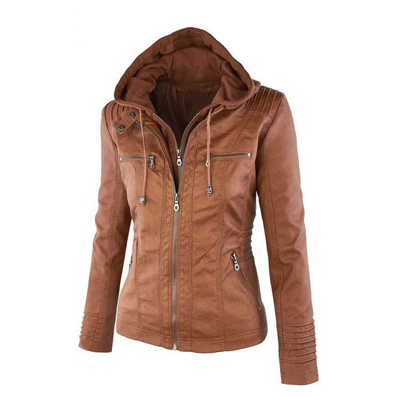 Women's Hooded Faux Leather Biker Jacket, Vintage Washed, Slim Fit