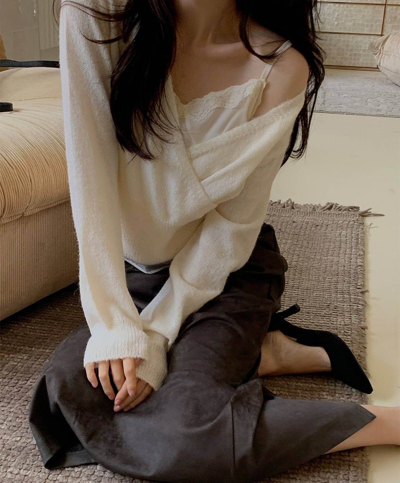 Korean Style V-Neck Diagonal Button Knit Sweater