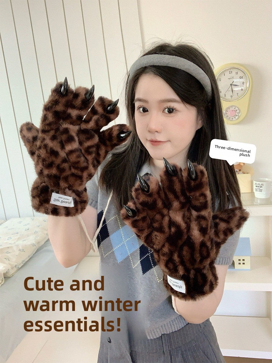 Unisex Leopard Print Plush Winter Gloves, Windproof Full Finger