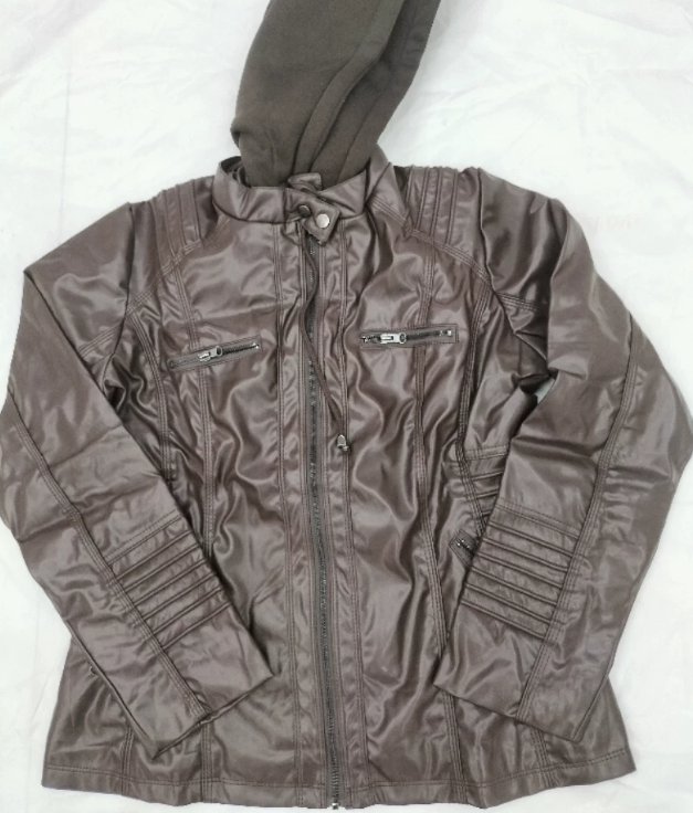 Women's Hooded Faux Leather Biker Jacket, Vintage Washed, Slim Fit