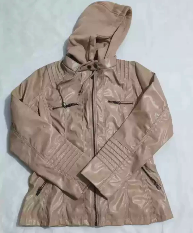 Women's Hooded Faux Leather Biker Jacket, Vintage Washed, Slim Fit