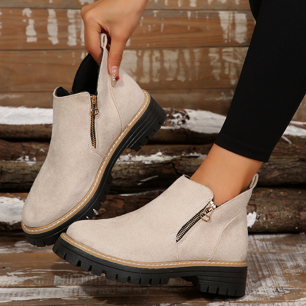 Women's Round Toe Side Zipper Square Heel Synthetic Leather Short Boots