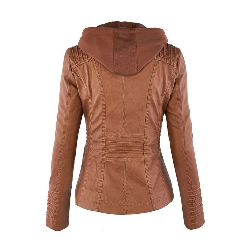 Women's Hooded Faux Leather Biker Jacket, Vintage Washed, Slim Fit