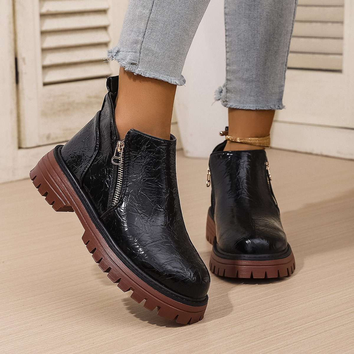 Women's Round Toe Side Zipper Square Heel Synthetic Leather Short Boots